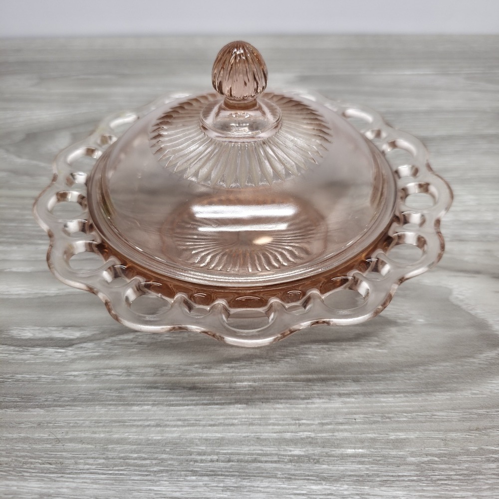 Anchor Hocking‎ Old Colony Lace Edge Pink Depression Glass Lidded Dish Vintage